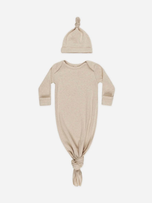 Quincy Essentials Knotted Baby Gown + Hat- Oatmeal